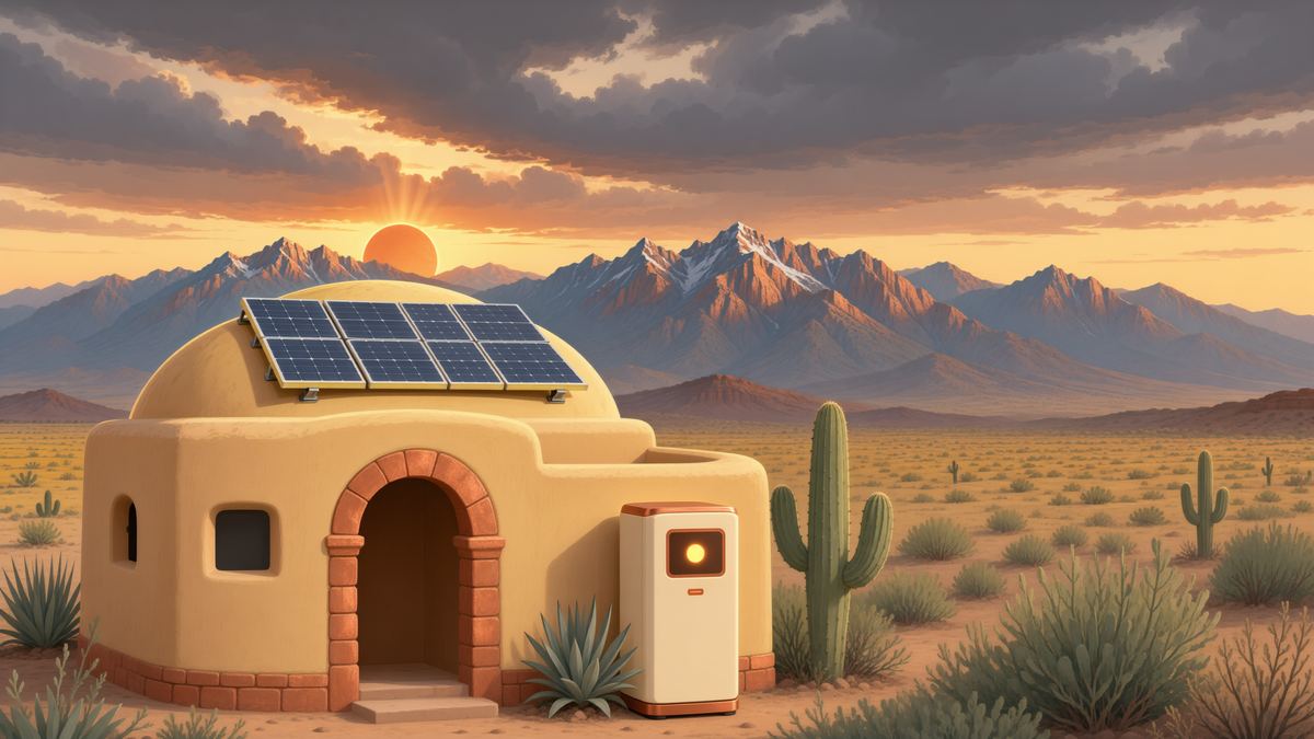 Solar panels and battery backup on an adobe rooftop