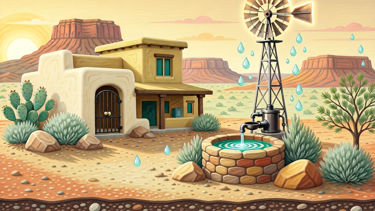 A windmill water well beside an adobe home