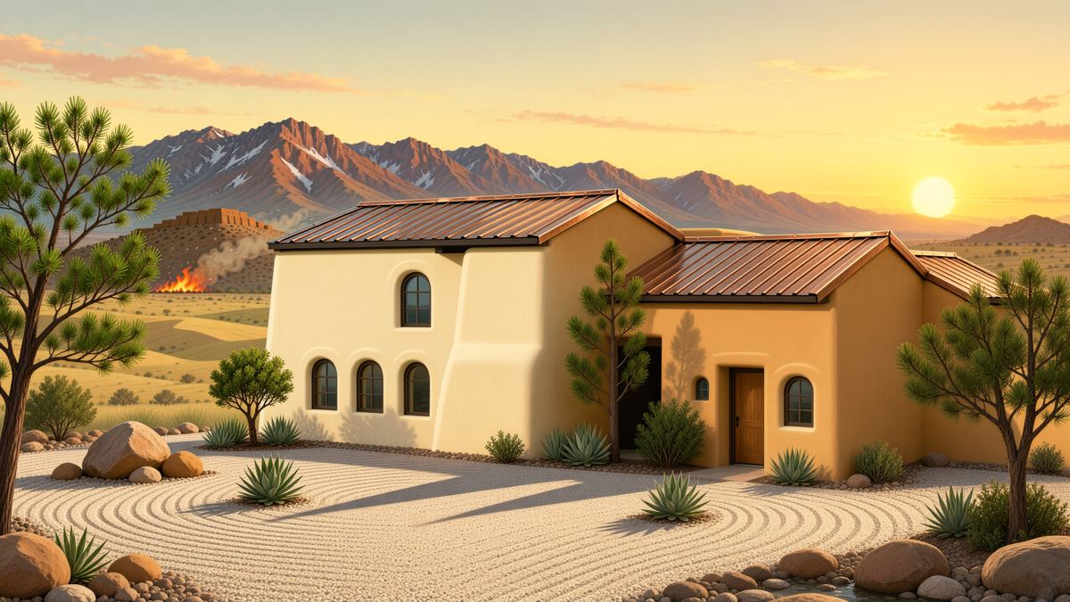 An adobe home with cleared defensible space for wildfire preparedness