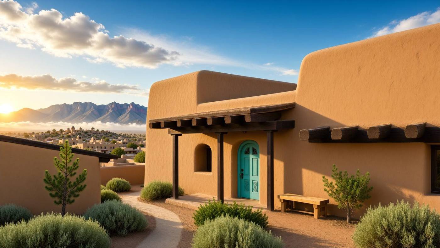 Adobe architecture under golden-hour light in Santa Fe, New Mexico